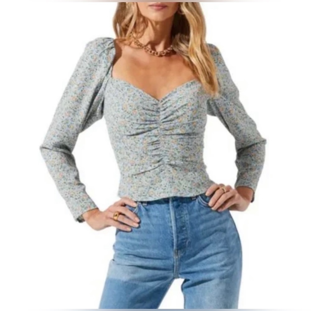 Astr Floral Ruched Square-Neck Long-Sleeve Top in Light Blue